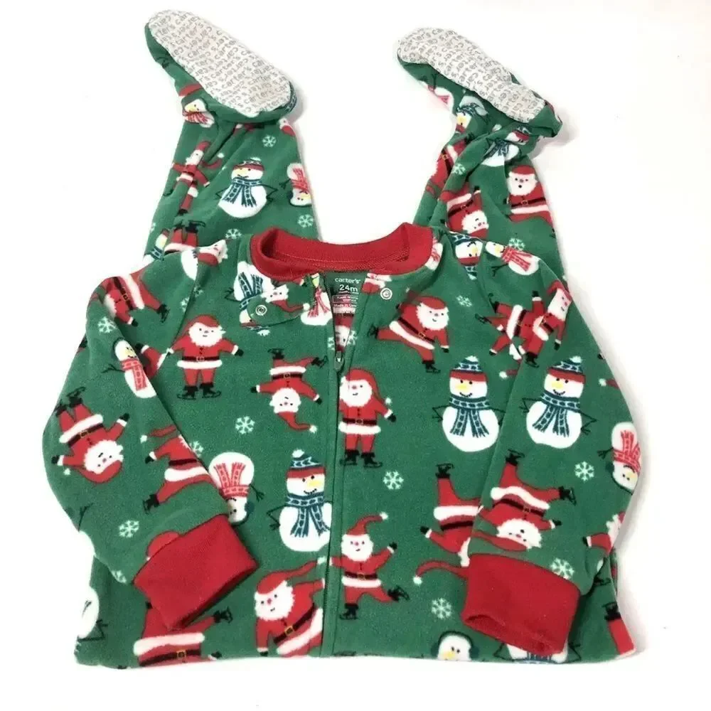 Carter's Snowman Santa Christmas Fleece Footed Pajama Zip Up 24M Unisex Boys PJS
